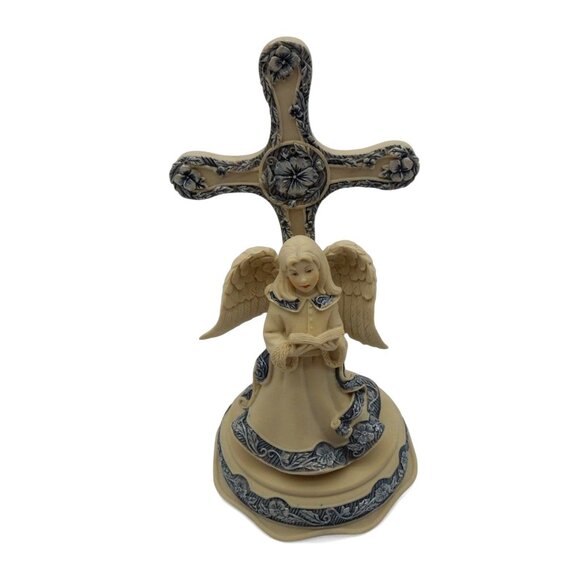 SARAH'S ANGELS 2004 Angel Figurine with Cross by Cheri Lane Beige & Blue 6" Tall - Picture 3 of 10